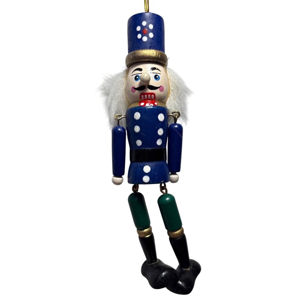 Vintage Wooden Nutcracker Soldier Ornament With White Hair & Blue Uniform 6"